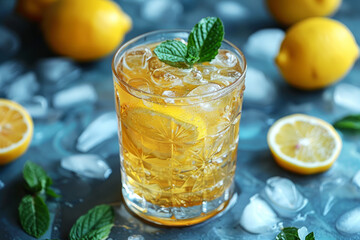 Fototapeta premium Glass of tasty ice tea with lemon and mint on table, closeup