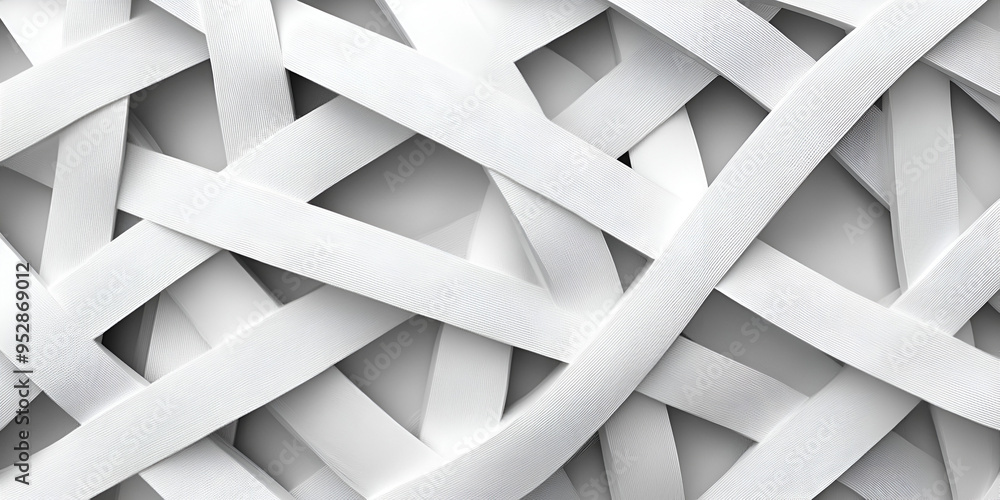 Poster a close-up view of intricately woven white ribbons forming a textured pattern under soft lighting in