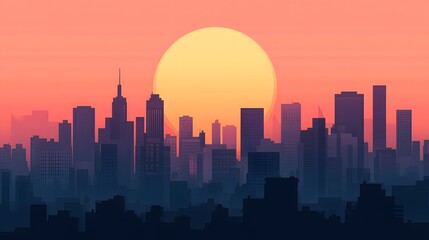 Fototapeta premium Illustration of a city skyline silhouetted against a large setting sun, with warm gradient hues of orange and yellow filling the sky