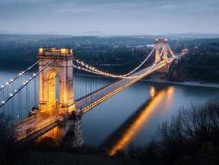 Obraz premium A scenic view of a illuminated suspension bridge at dusk, reflecting beautifully in the calm waters below.