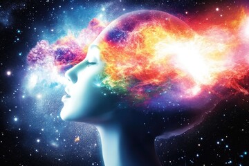 Obraz premium Abstract Cosmic Mind: Sci-Fi Visualization of Human Head with Explosive Nebula and Stars