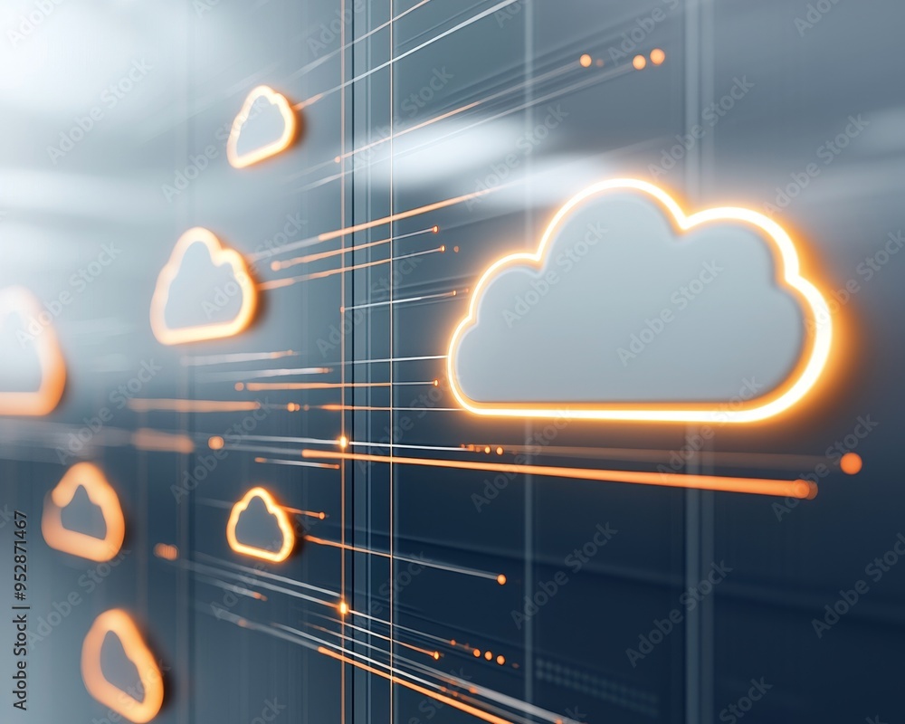 Poster abstract cloud computing concept with glowing cloud icons and digital lines on a dark background.
