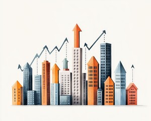 Fototapeta premium Abstract cityscape with upward pointing arrows, symbolizing growth and prosperity.