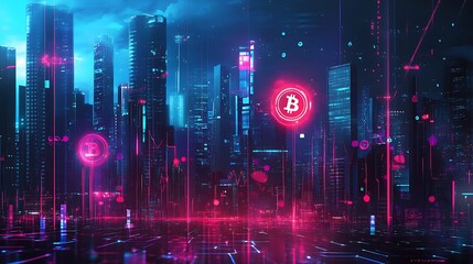 Fototapeta premium Futuristic Cityscape with Bitcoin Symbol and Neon Lights