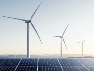 A row of wind turbines stand tall against a blue sky, with solar panels in the foreground, highlighting a sustainable energy future.