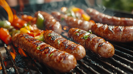 A grill with hot coals and a variety of sausages cooking