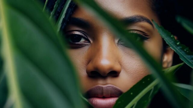 Luxury Portrait of a Beautiful young woman with natural makeup holds a big green leaf