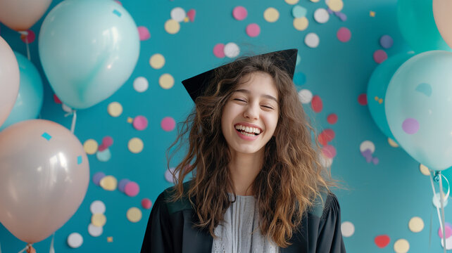 Mujer Gradu&aacute;ndose Rodeada de Globos y Confeti