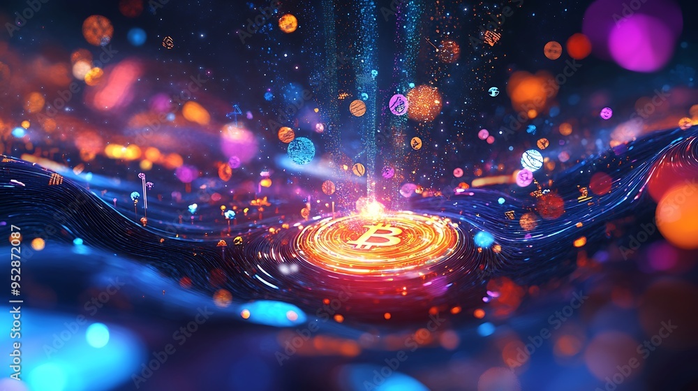 Poster a glowing bitcoin symbol on a dark, textured background with colorful bokeh effects.