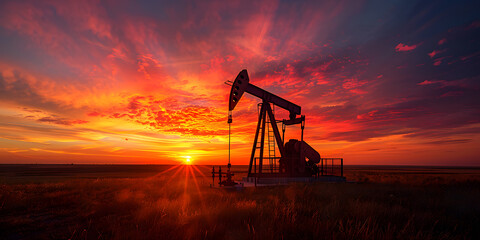 Naklejka premium Oil Gas Pump Jack Silhouette Against Fiery Sunset | Dramatic Industrial Scene of Energy Production at Dusk