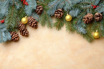 Festive Christmas Border with Pine Cones, Evergreen Branches, and Golden Ornaments on Beige Background