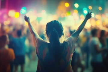 Fototapeta premium Young Woman Celebrating at Night Party with Colorful Lights and Vibrant Crowd