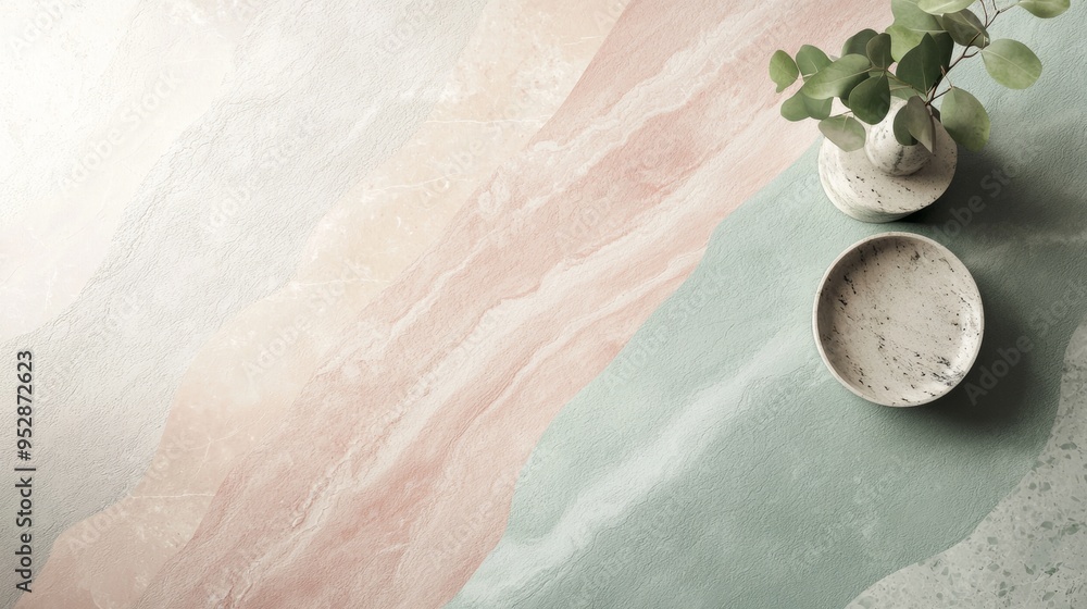 Poster minimalist flat lay composition with copy space featuring an empty round marble tray and a vase with