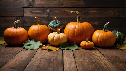 A colorful display of pumpkins, pumpkins and leaves sitting in a row on wooden background. Space for text