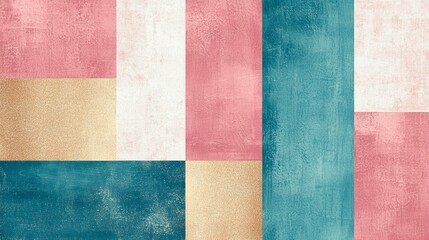 Fototapeta premium Modern abstract geometric background featuring a color palette of pink, gold, and blue with a grunge texture. This artistic design is ideal for backgrounds, posters, and more