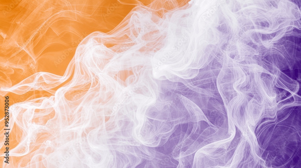 Poster White smoke creating abstract forms over a gradient background changing from orange to purple, perfect for a wallpaper or background image