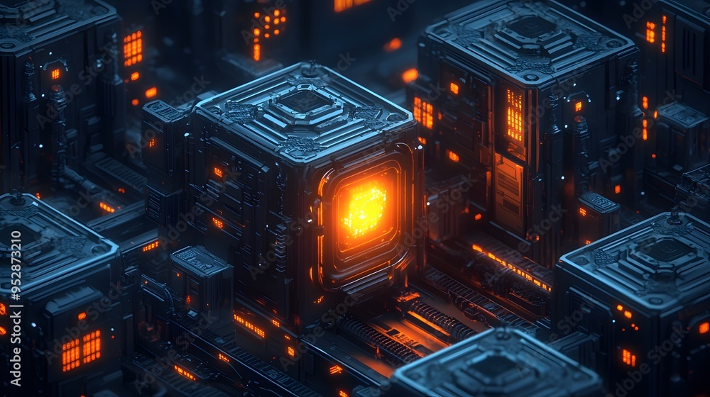 Poster high-tech futuristic microchip with glowing orange lights in a digital network environment