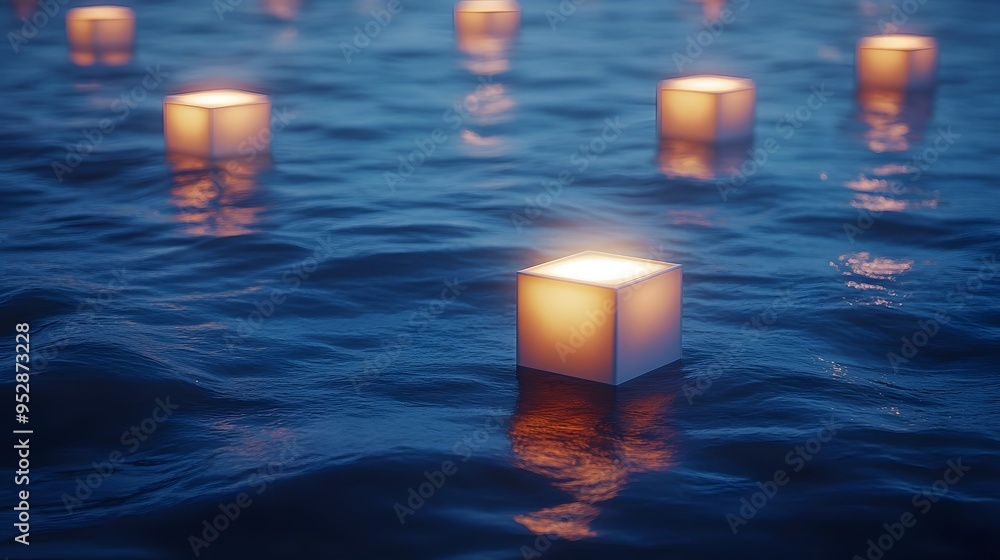 Poster single illuminated cube in a wavy grid of uniform blue cubes on a liquid-like surface