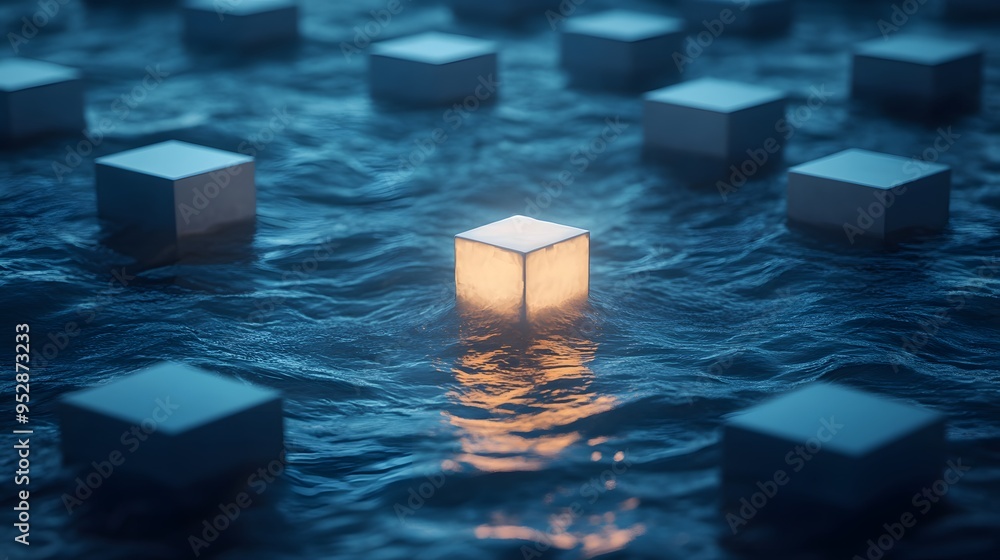 Poster single illuminated cube in a wavy grid of uniform blue cubes on a liquid-like surface