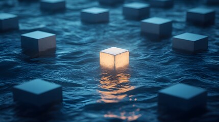 Single illuminated cube in a wavy grid of uniform blue cubes on a liquid-like surface
