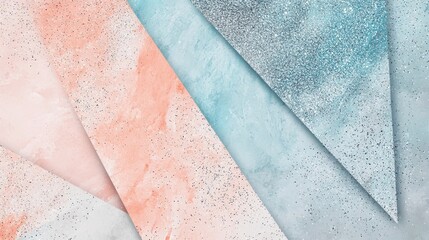 Abstract geometric background with pastel colors like pink and blue, decorated with silver glitter texture, creating a modern and elegant design