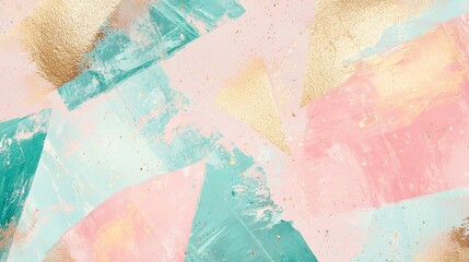 Naklejka premium Abstract background with brush strokes in pastel pink and green colors and gold foil shapes, perfect for lifestyle, beauty and fashion projects