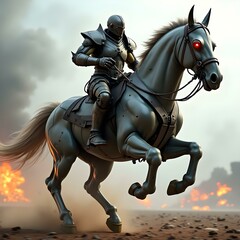 A futuristic warrior riding a mechanical horse in full gallop. The warrior&rsquo;s armor has a heavy,