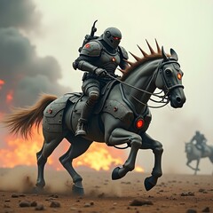 Fototapeta premium A futuristic warrior riding a mechanical horse in full gallop. The warrior’s armor has a heavy,