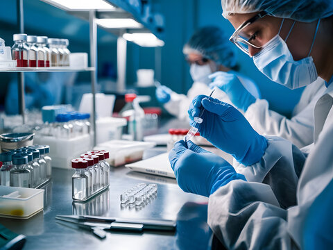 T&eacute;cnico de laboratorio preparando vacunas contra la viruela del simio
