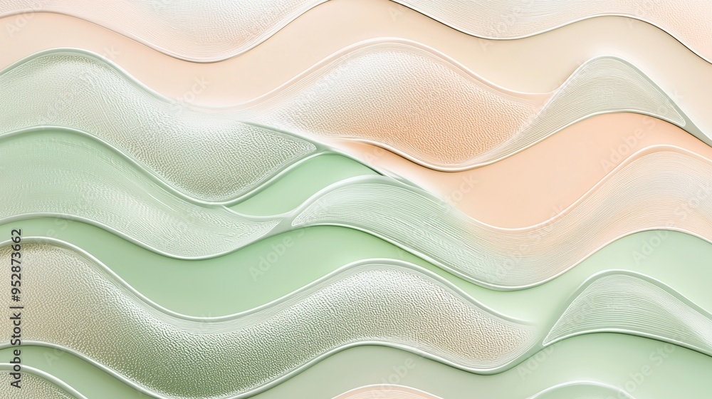 Poster abstract background with smooth lines in pastel green and orange colors creating a textured pattern,