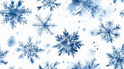 Fototapeta premium Clouds and sky watercolor hand drawn illustration. Abstract blue snowflakes winter watercolour background. Sky pattern with snow. Light blue watercolour paper texture background.