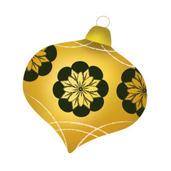 Golden Christmas decoration with green ornamen, hand drawn illustration 