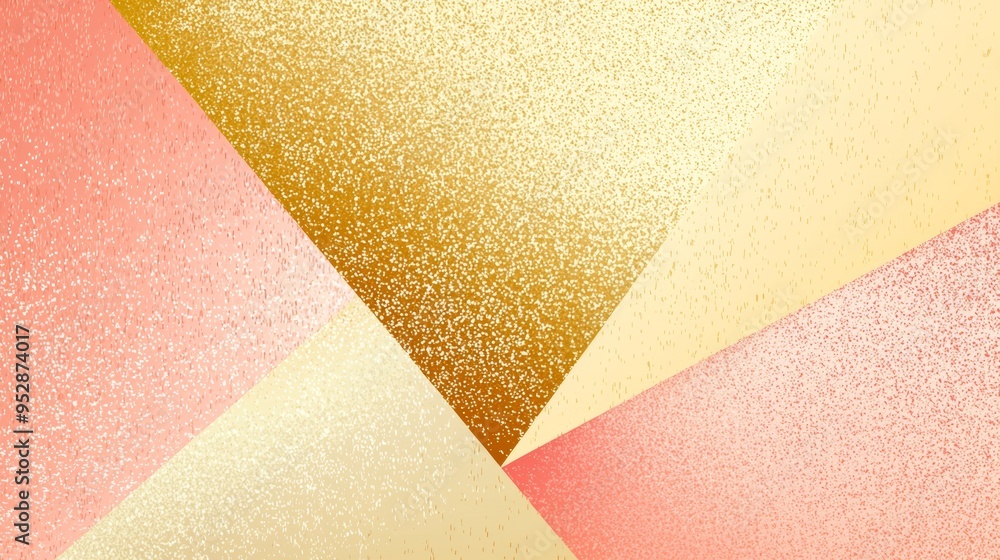 Poster abstract geometric background featuring golden glitter triangles overlapping with pastel pink and ye