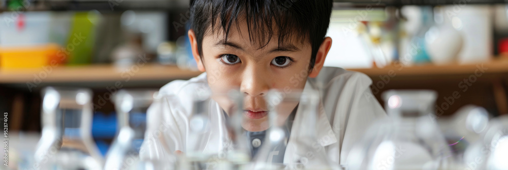 Poster a curious child in a lab coat explores various glass flasks and containers while conducting experime