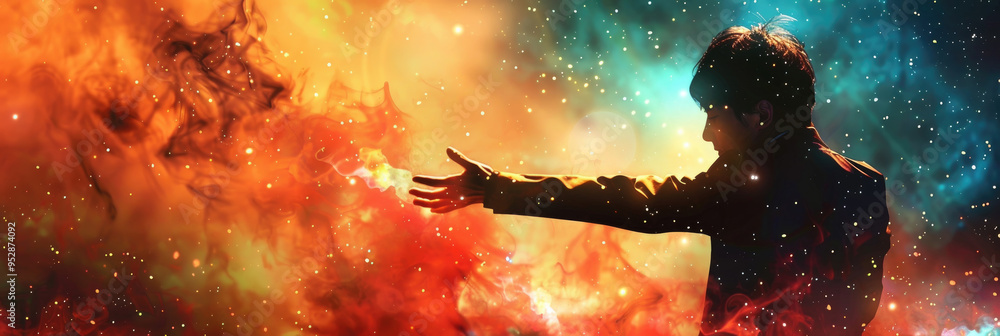 Poster the figure extends an arm into a dazzling cosmic environment, showcasing swirling colors and a vast 