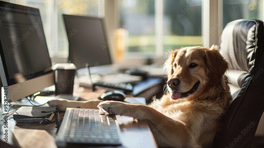 Poster a golden retriever relaxes in a home office setting, using a computer while basking in the warm sunl