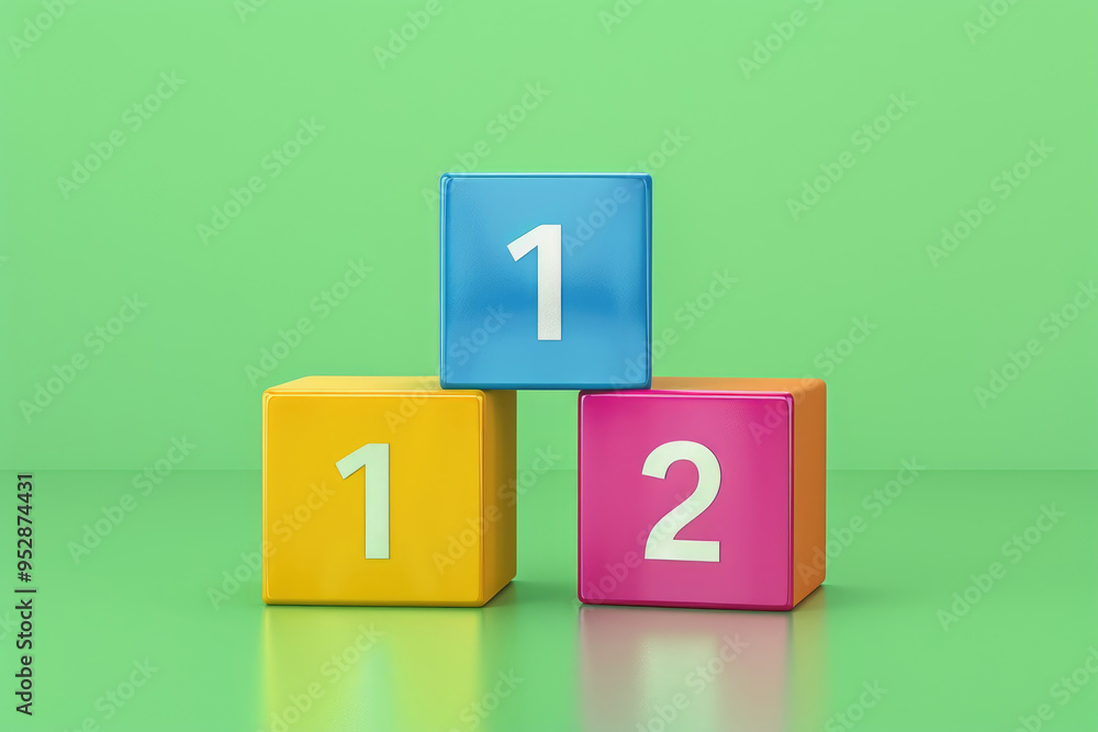 Poster three vibrant counting blocks showing numbers, arranged on a shiny green surface, ideal for educatio