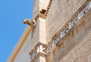 Obraz premium Lion-shaped gargoyle abovee the entrance of the Concattedrale di Santa Maria Assunta, in the town of Orbetello, province of Grosseto, Tuscany region, Italy