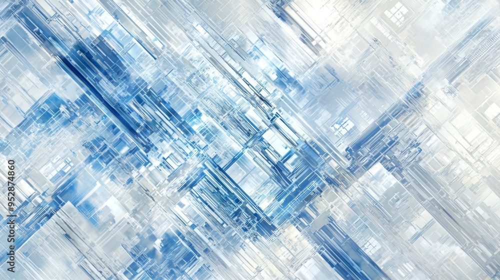 Poster abstract tech background with geometric shapes in blue and white, creating a futuristic network of d
