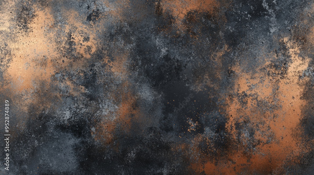 Poster dark grunge background with copper colored splashes creating an abstract texture, can be used for ba