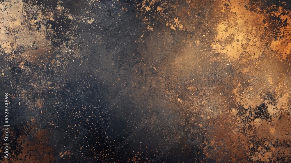 Poster gold and bronze splashes on black surface create abstract background with grunge and vintage effect,