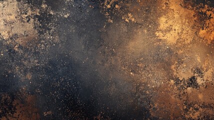 Gold and bronze splashes on black surface create abstract background with grunge and vintage effect, perfect for design projects