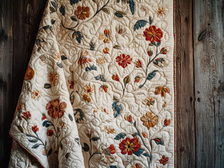 quilted wall hanging, intricate patterns of vintage floral motifs