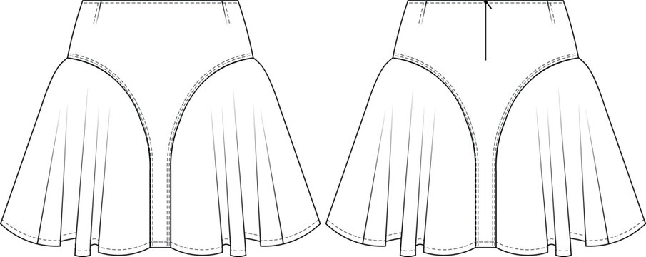 darted tailored zippered flared a line mini short skirt denim jean ruffled frilled skirt template technical drawing flat sketch cad mockup fashion woman design style model
