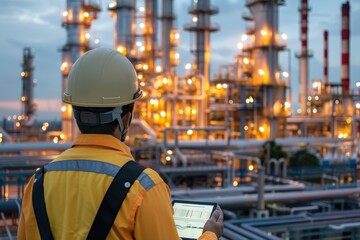 Obraz premium A man in a yellow shirt is looking at a tablet while standing in front of a larg, generative ai image