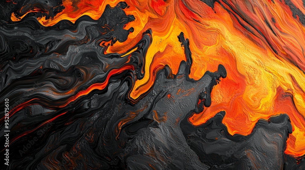 Poster abstract background depicting black and red acrylic paint mixing and flowing together creating inter
