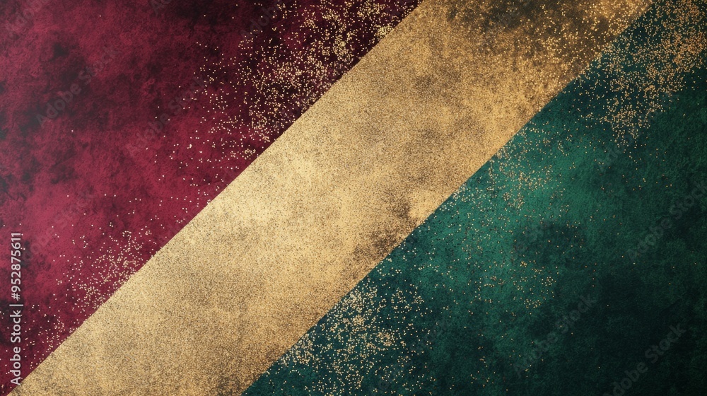 Poster gold diagonal stripe dividing burgundy and green background with glitter, creating an elegant and fe