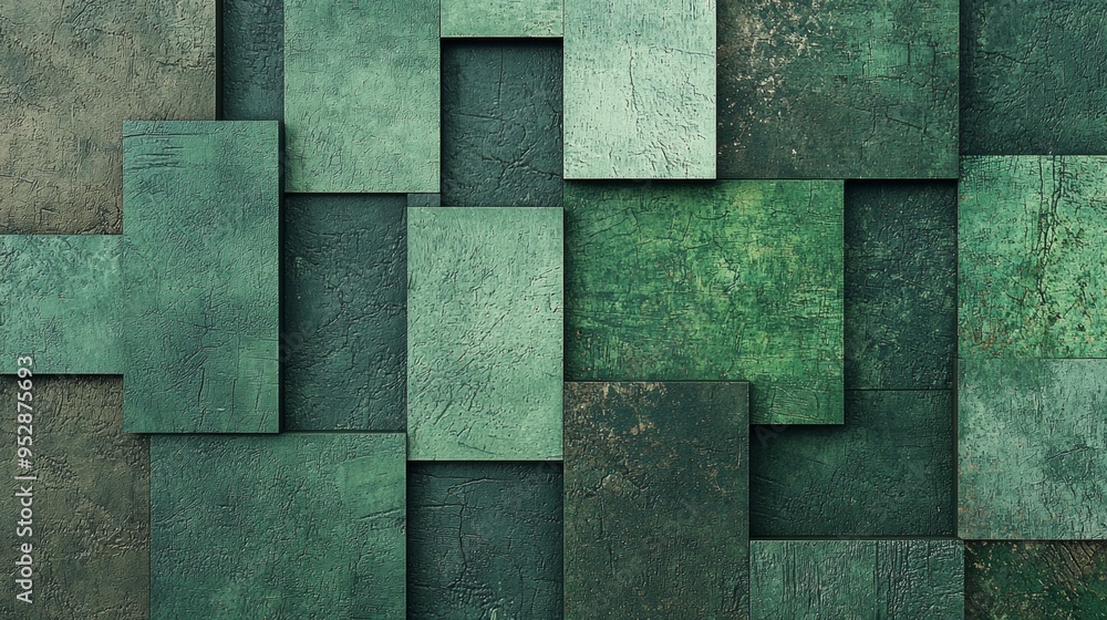 Poster green textured wall with tiles of different sizes forming a geometric pattern, creating an abstract 