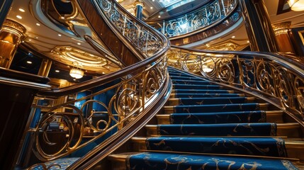 Ornate Golden Railing and Blue Carpeted Staircase