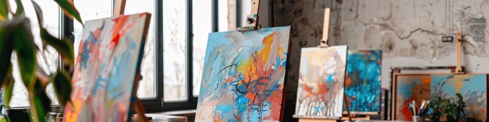 Canvas on easels with acrylic paints set up for an art workshop or painting class in a creative environment.